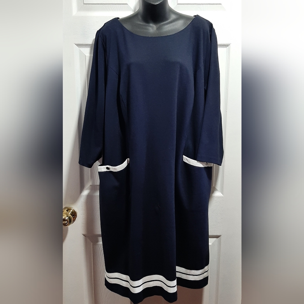 Talbots Woman's Navy Blue Dress With White Accents Plus Size 24W 3/4 Sleeve